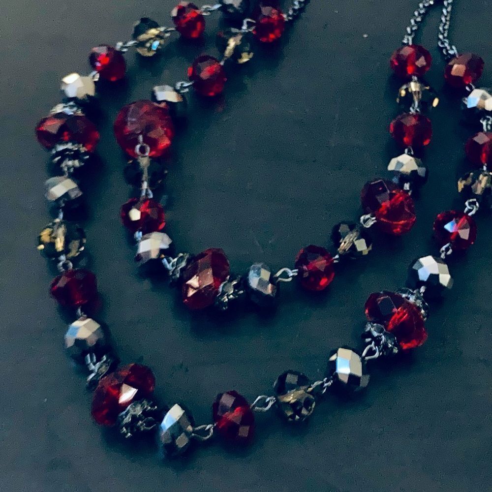 Trifari Sparkling Iridescent Beaded Red Silver Necklace